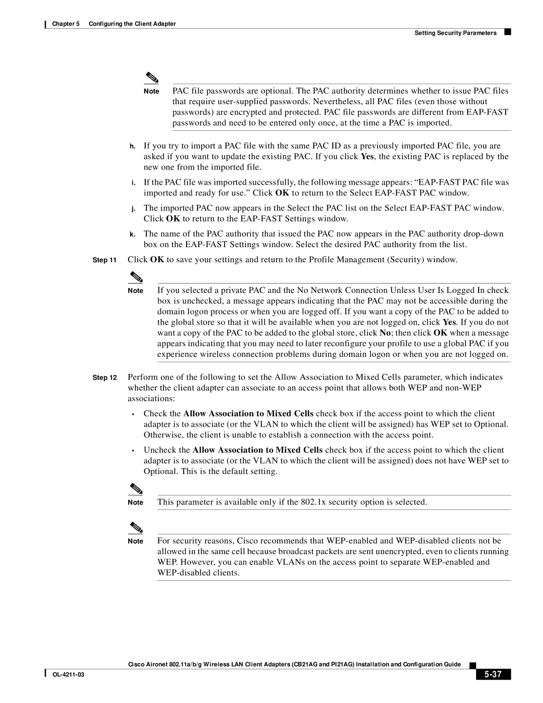 Cisco Systems CB21AG manual Configuring the Client Adapter Setting Security Parameters 