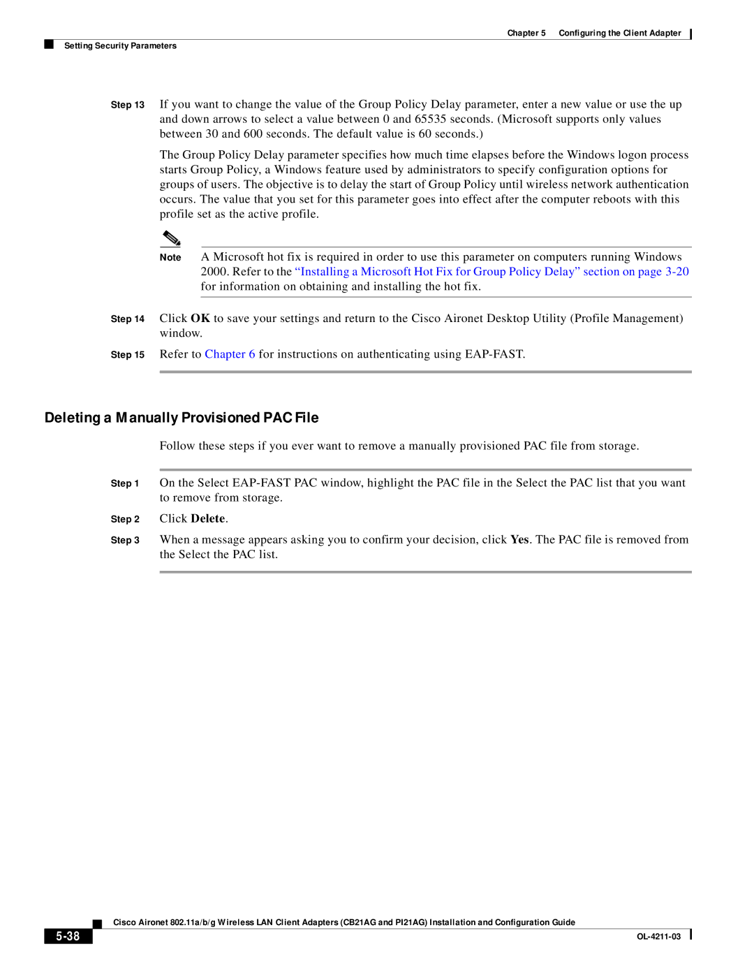 Cisco Systems CB21AG manual Deleting a Manually Provisioned PAC File 