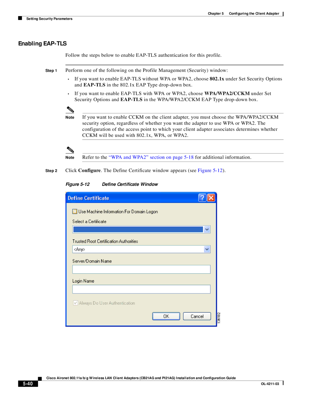 Cisco Systems CB21AG manual Enabling EAP-TLS, Define Certificate Window 