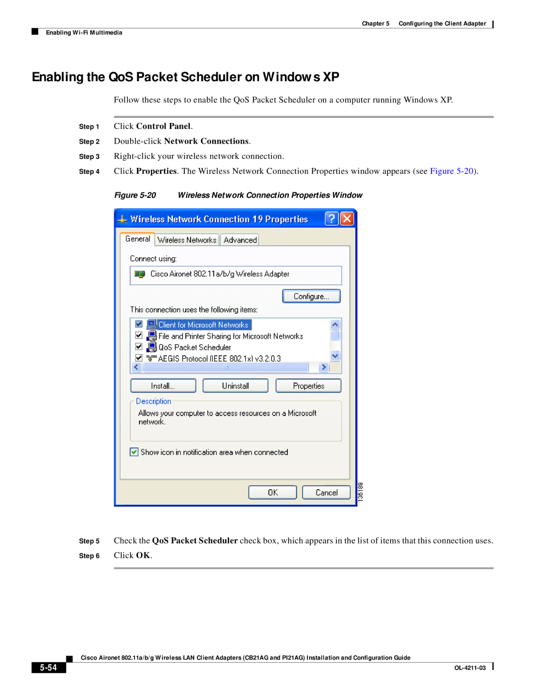 Cisco Systems CB21AG Enabling the QoS Packet Scheduler on Windows XP, Click Control Panel Double-clickNetwork Connections 