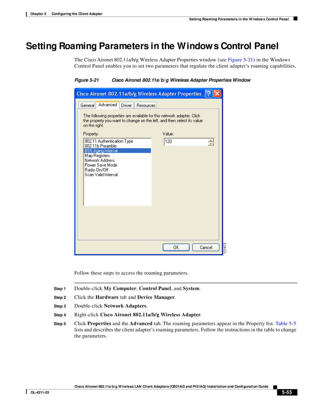 Cisco Systems CB21AG manual Setting Roaming Parameters in the Windows Control Panel 