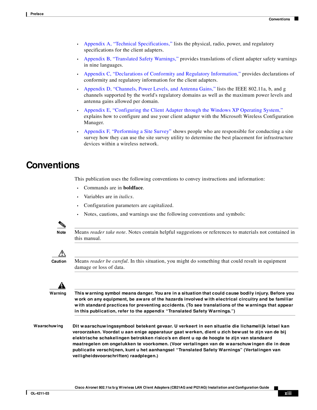 Cisco Systems CB21AG manual Conventions, Xiii 