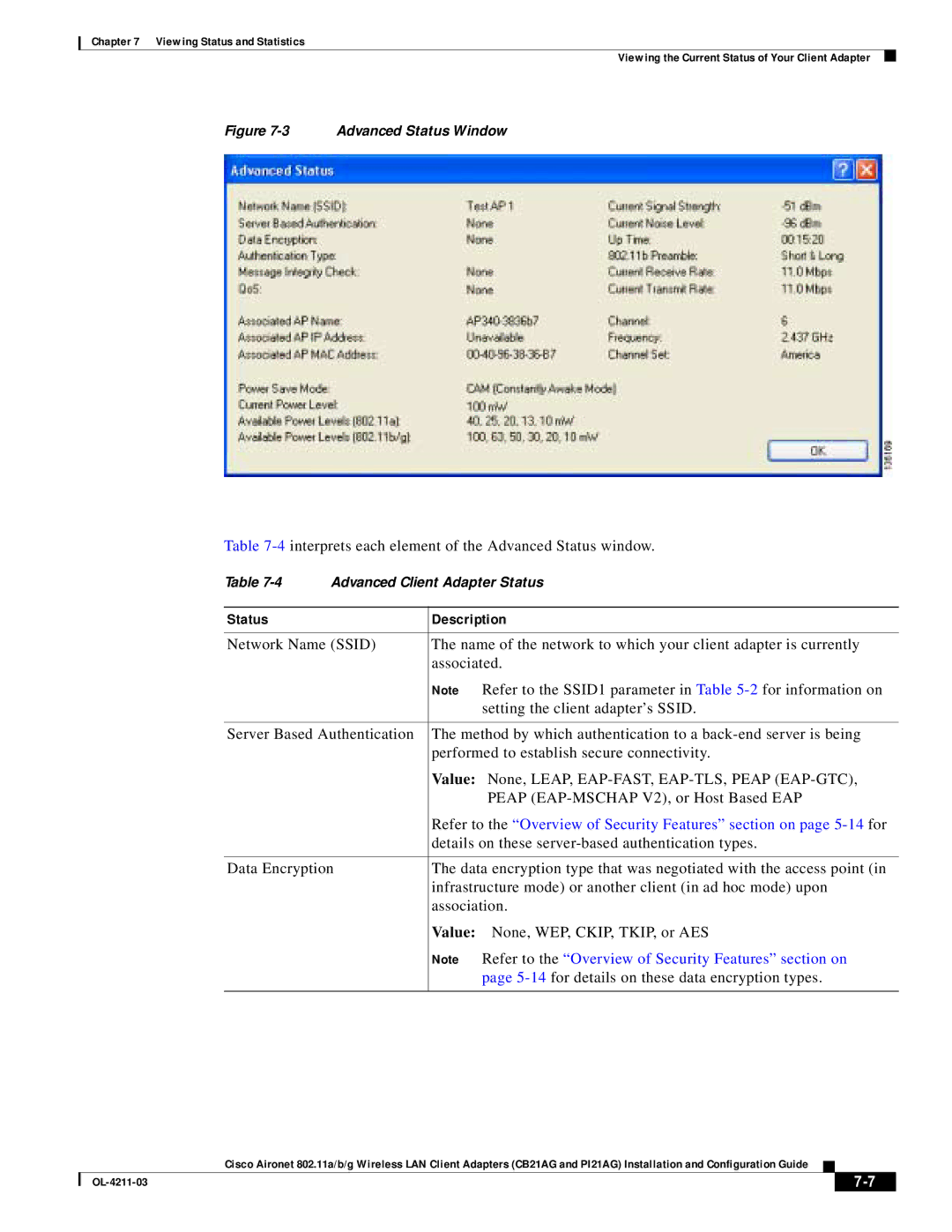 Cisco Systems CB21AG manual 4interprets each element of the Advanced Status window 