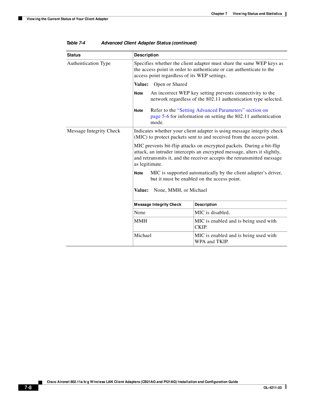 Cisco Systems CB21AG manual None MIC is disabled, Mmh, MIC is enabled and is being used with, Ckip 