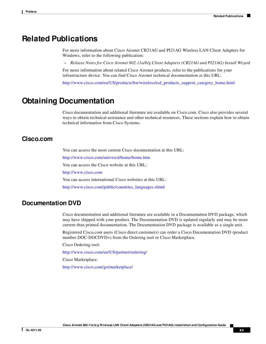 Cisco Systems CB21AG manual Related Publications, Obtaining Documentation, Cisco.com, Documentation DVD 