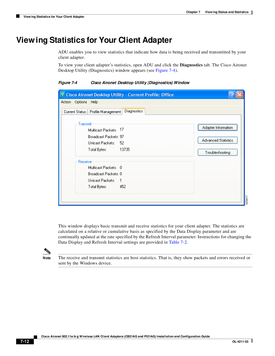 Cisco Systems CB21AG manual Viewing Statistics for Your Client Adapter, Cisco Aironet Desktop Utility Diagnostics Window 