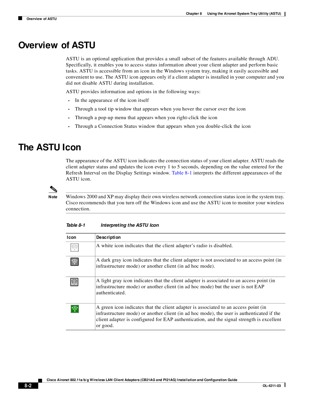 Cisco Systems CB21AG Overview of Astu, Astu Icon, Icon Description, Infrastructure mode or another client in ad hoc mode 