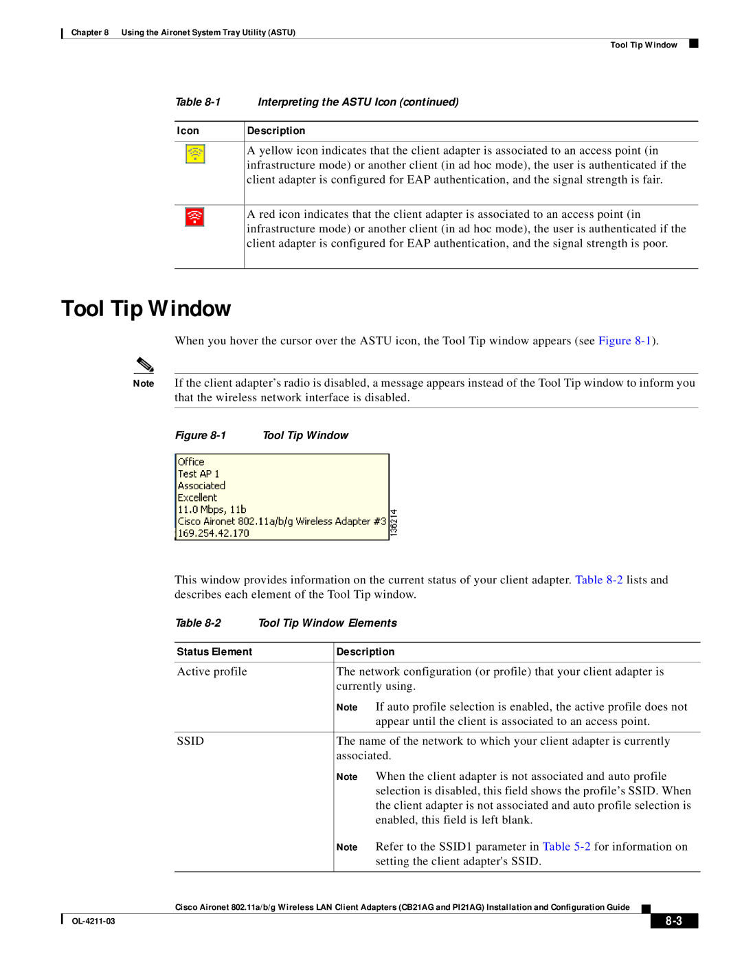 Cisco Systems CB21AG manual Tool Tip Window, Status Element Description 