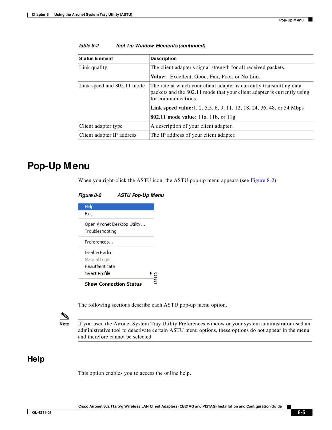 Cisco Systems CB21AG manual Pop-Up Menu, Help, Following sections describe each Astu pop-up menu option 