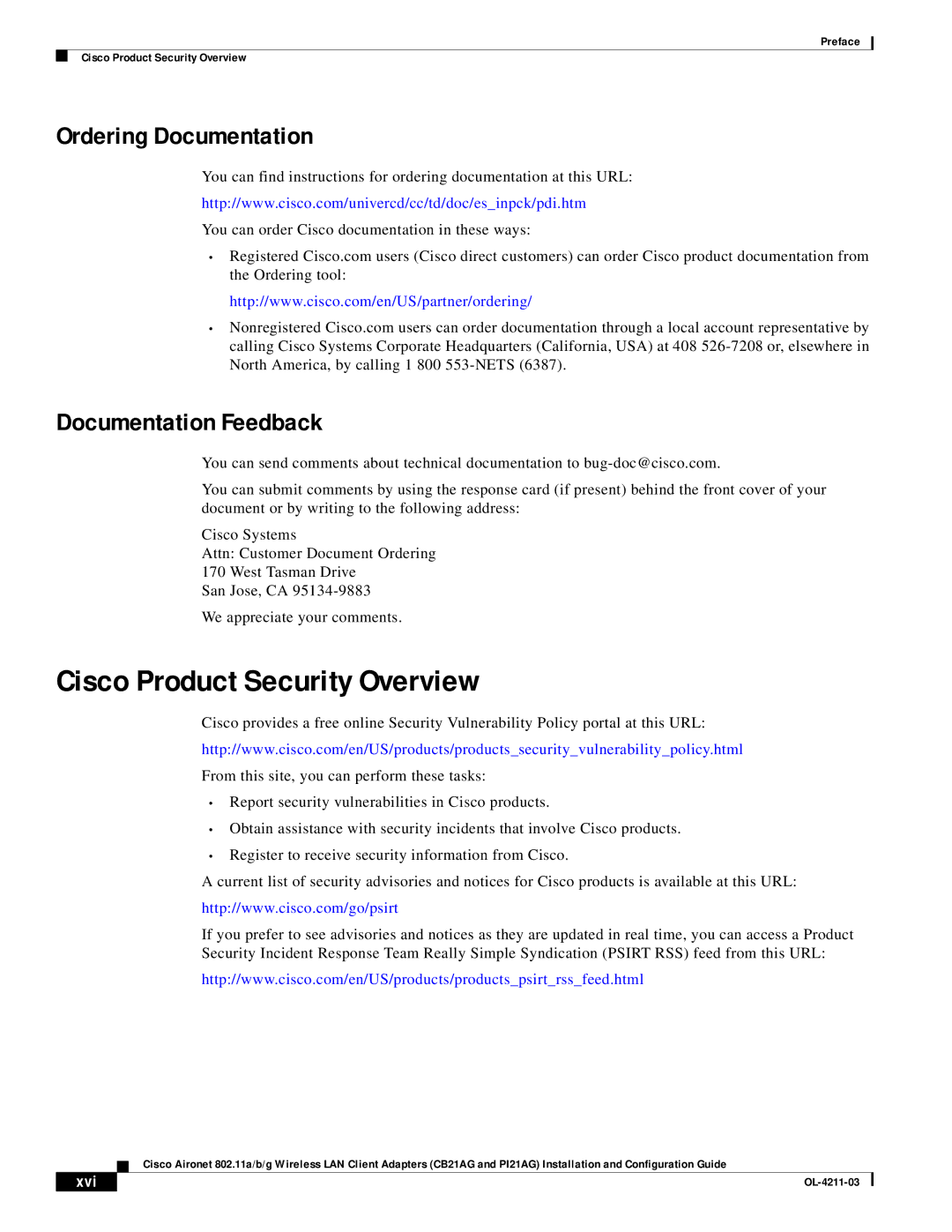 Cisco Systems CB21AG manual Cisco Product Security Overview, Ordering Documentation, Documentation Feedback, Xvi 