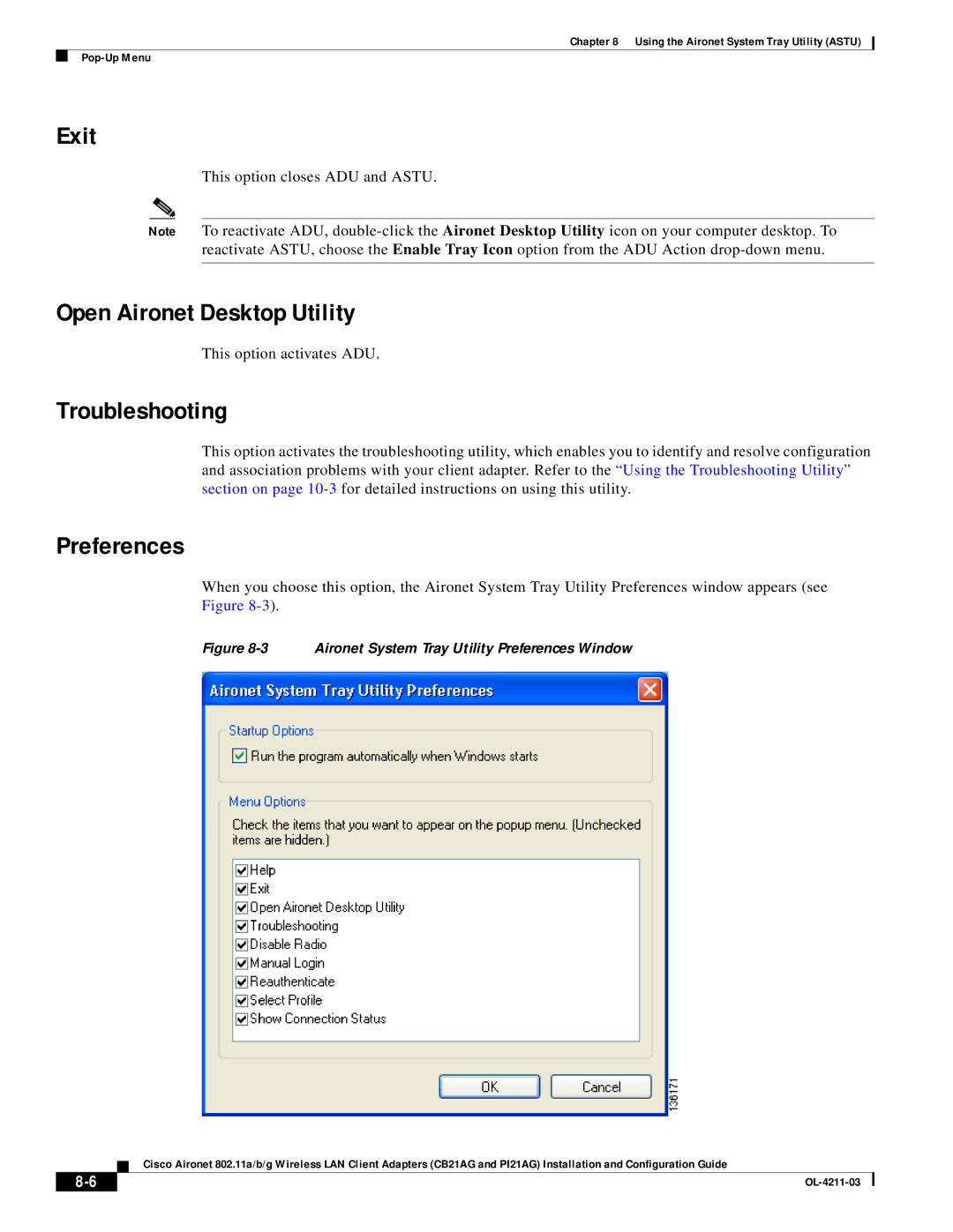 Cisco Systems CB21AG manual Exit, Open Aironet Desktop Utility, Troubleshooting, Preferences 