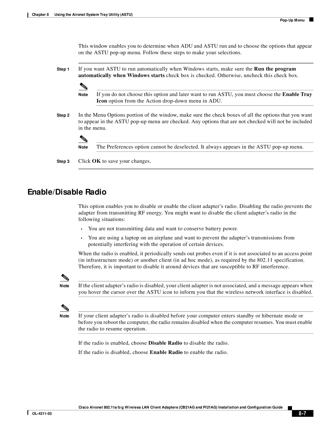 Cisco Systems CB21AG manual Enable/Disable Radio 