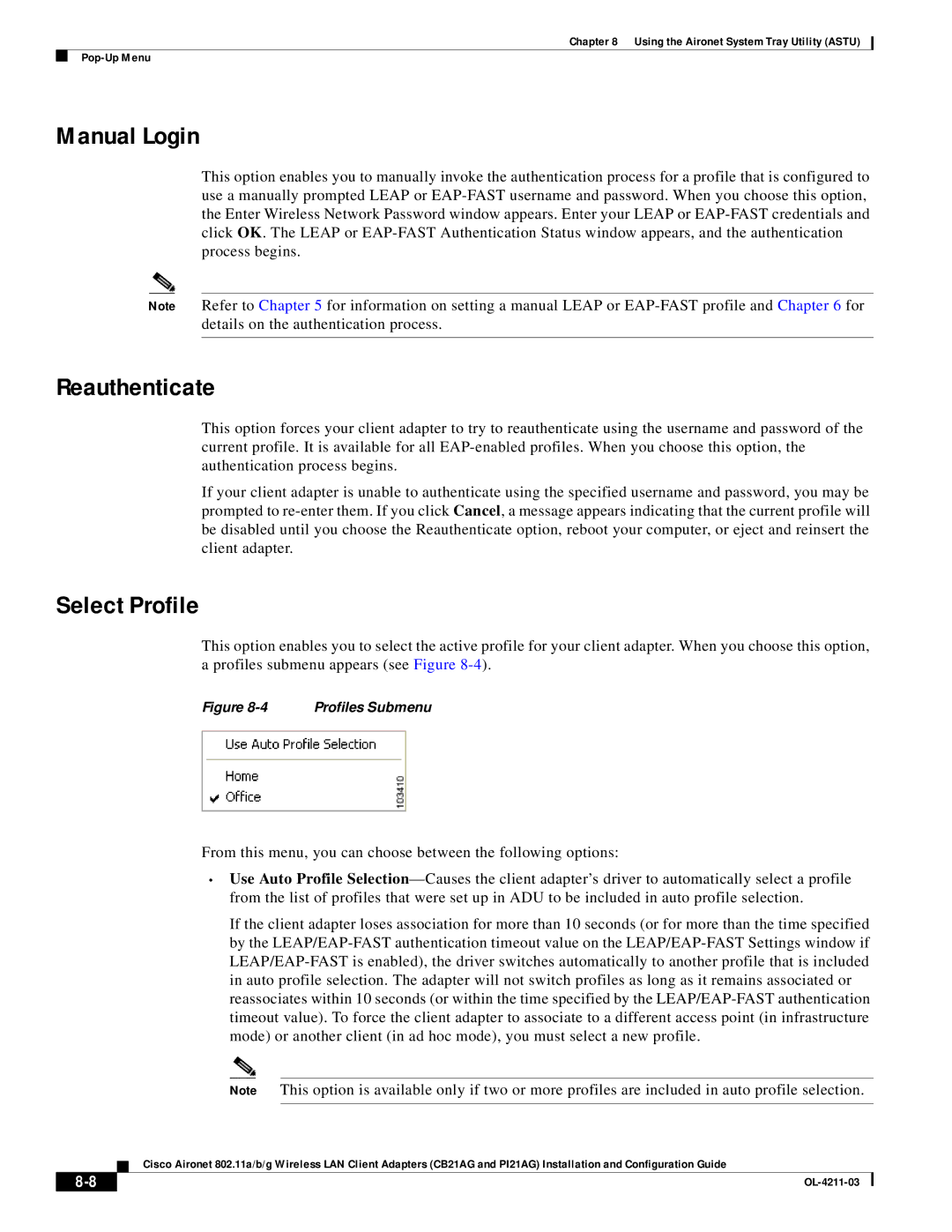 Cisco Systems CB21AG manual Manual Login, Reauthenticate, Select Profile 