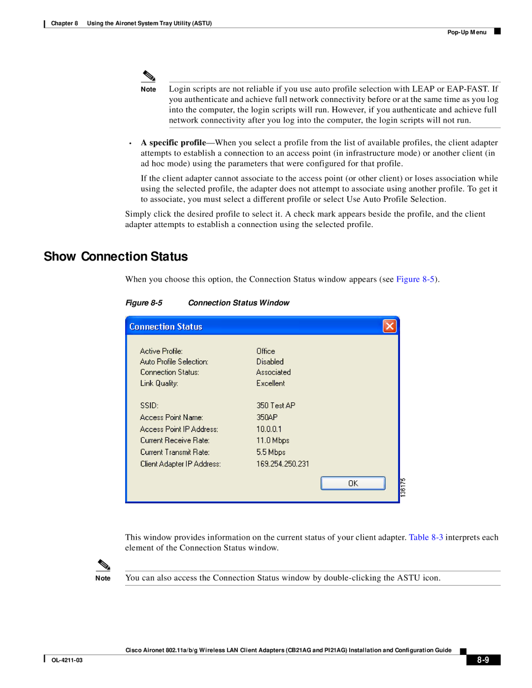 Cisco Systems CB21AG manual Show Connection Status, Connection Status Window 