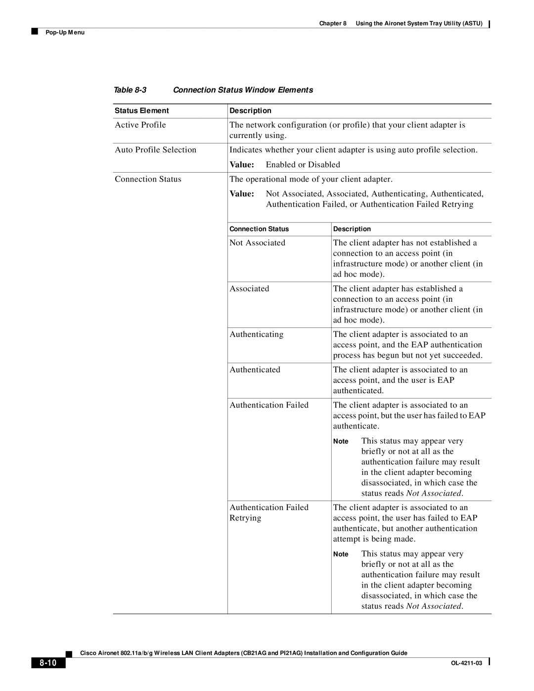 Cisco Systems CB21AG manual Connection Status Window Elements 