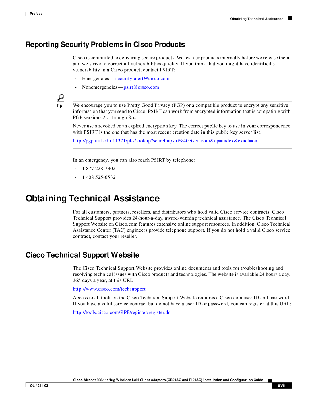 Cisco Systems CB21AG manual Obtaining Technical Assistance, Reporting Security Problems in Cisco Products, Xvii 