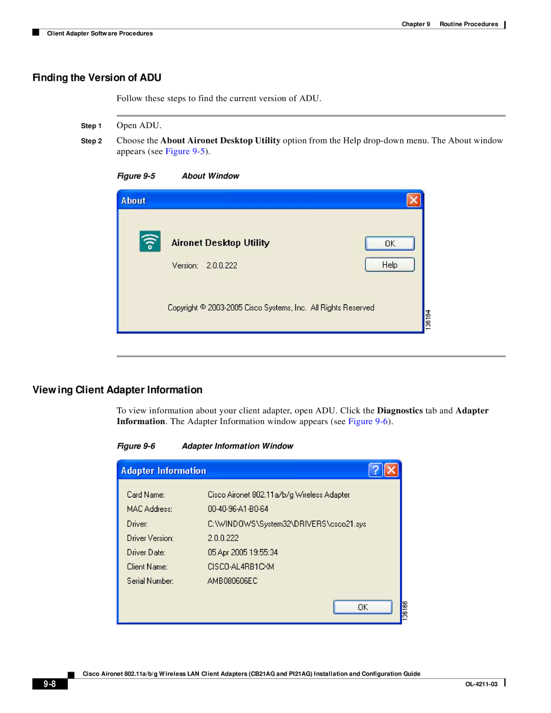 Cisco Systems CB21AG manual Finding the Version of ADU, Viewing Client Adapter Information 