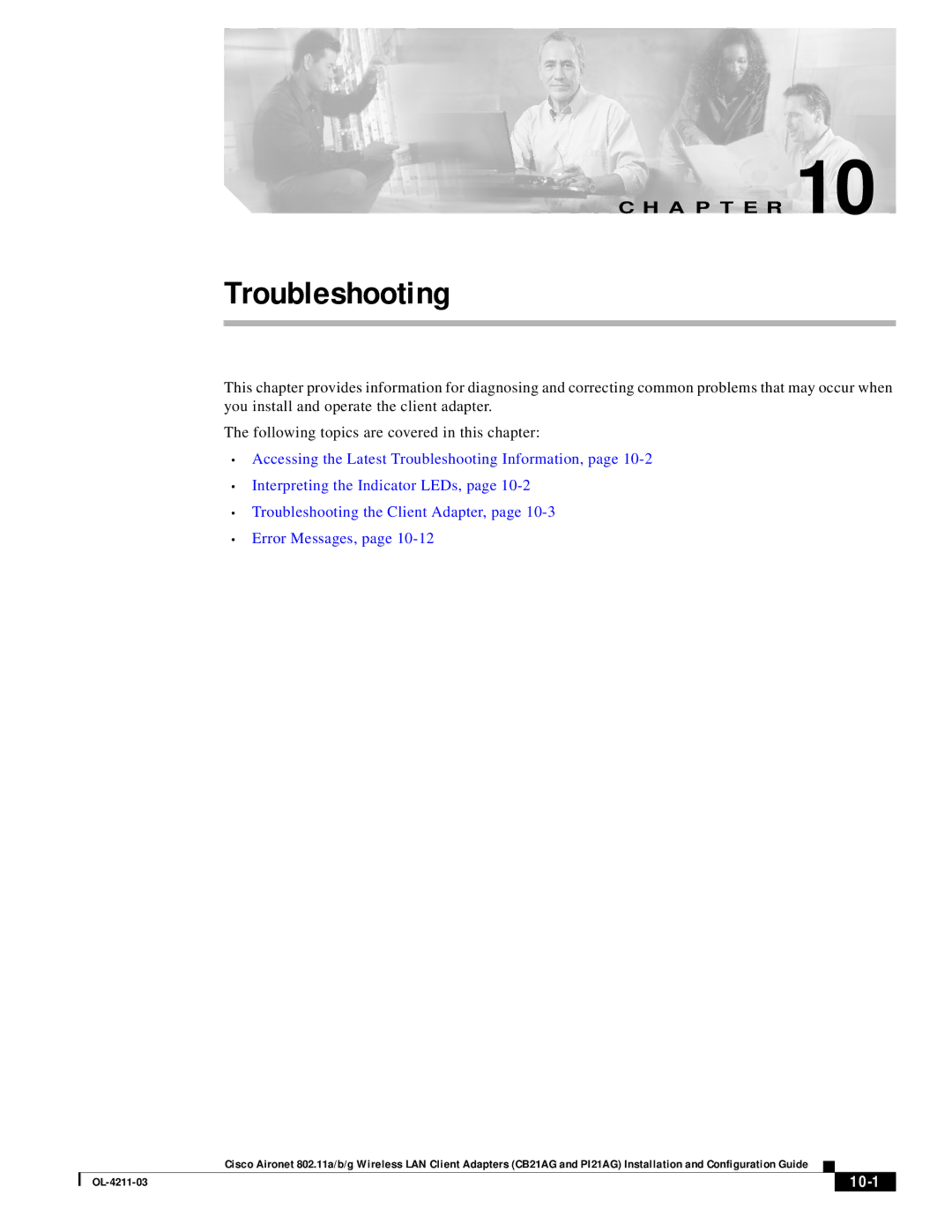 Cisco Systems CB21AG manual Troubleshooting, 10-1 