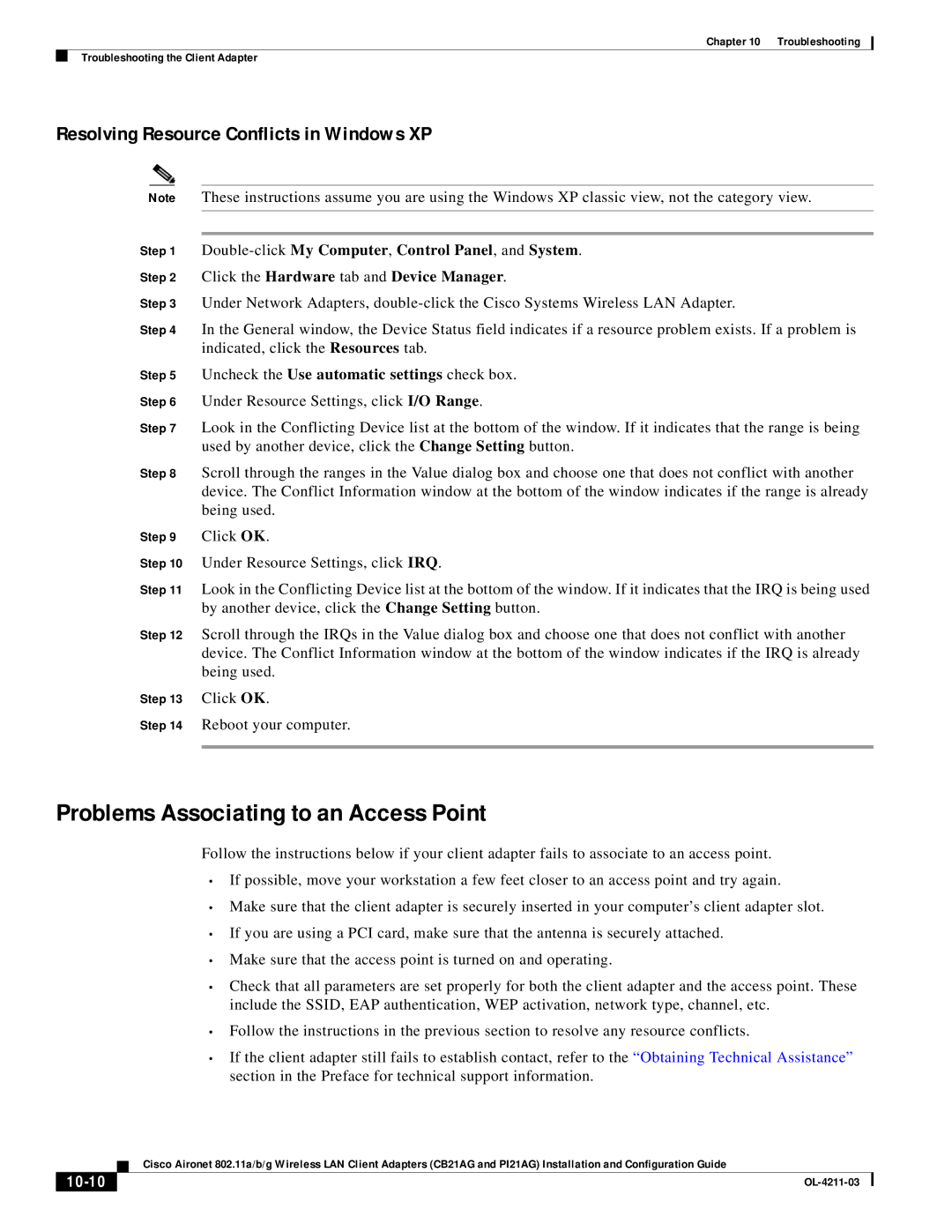 Cisco Systems CB21AG manual Problems Associating to an Access Point, Resolving Resource Conflicts in Windows XP, 10-10 