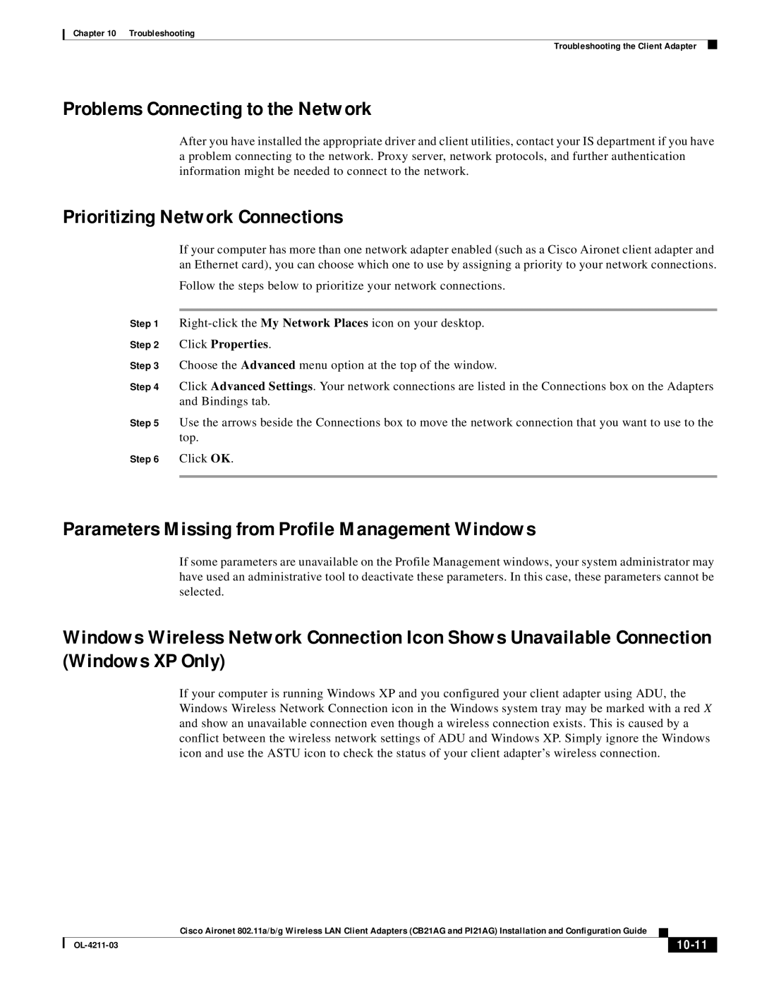 Cisco Systems CB21AG manual Problems Connecting to the Network, Prioritizing Network Connections, 10-11 