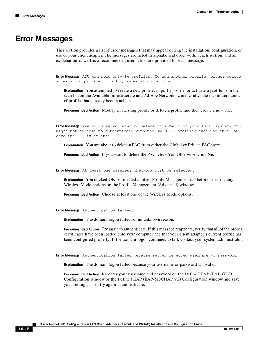 Cisco Systems CB21AG manual Error Messages, 10-12 