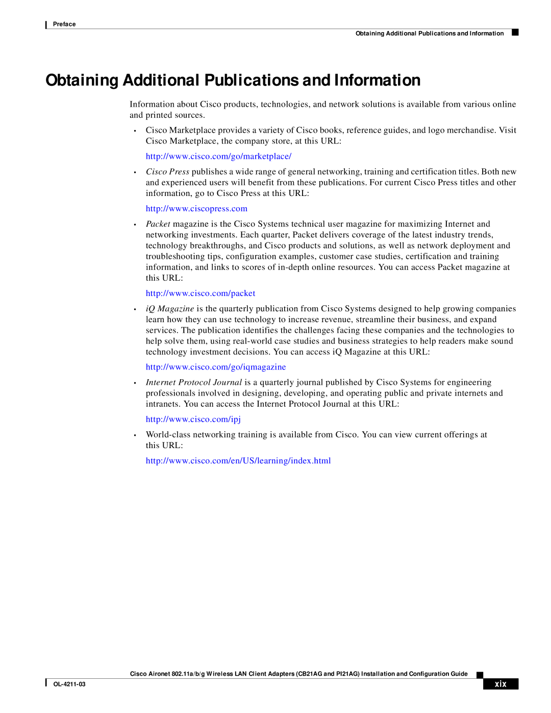 Cisco Systems CB21AG manual Obtaining Additional Publications and Information, Xix 