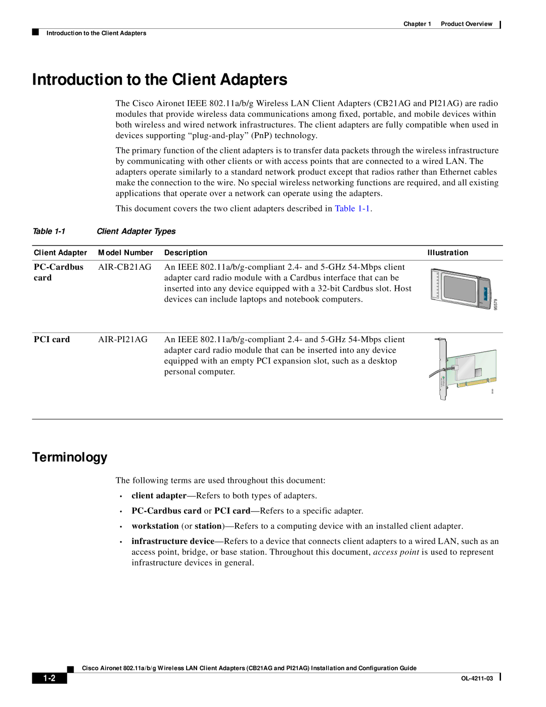 Cisco Systems Introduction to the Client Adapters, Terminology, Client Adapter Model Number Description, AIR-CB21AG 