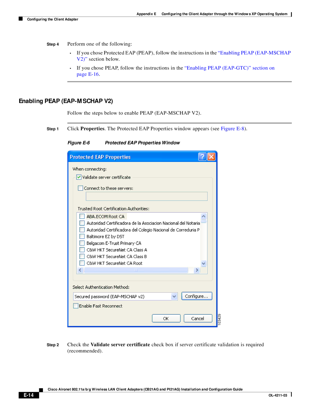 Cisco Systems CB21AG manual Figure E-6 Protected EAP Properties Window 