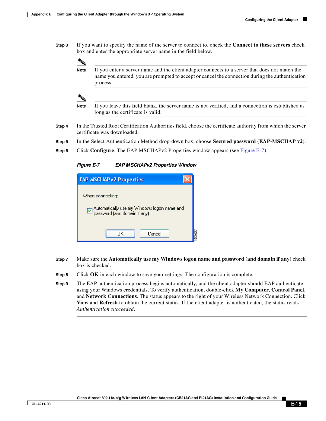 Cisco Systems CB21AG manual Figure E-7 EAP MSCHAPv2 Properties Window 