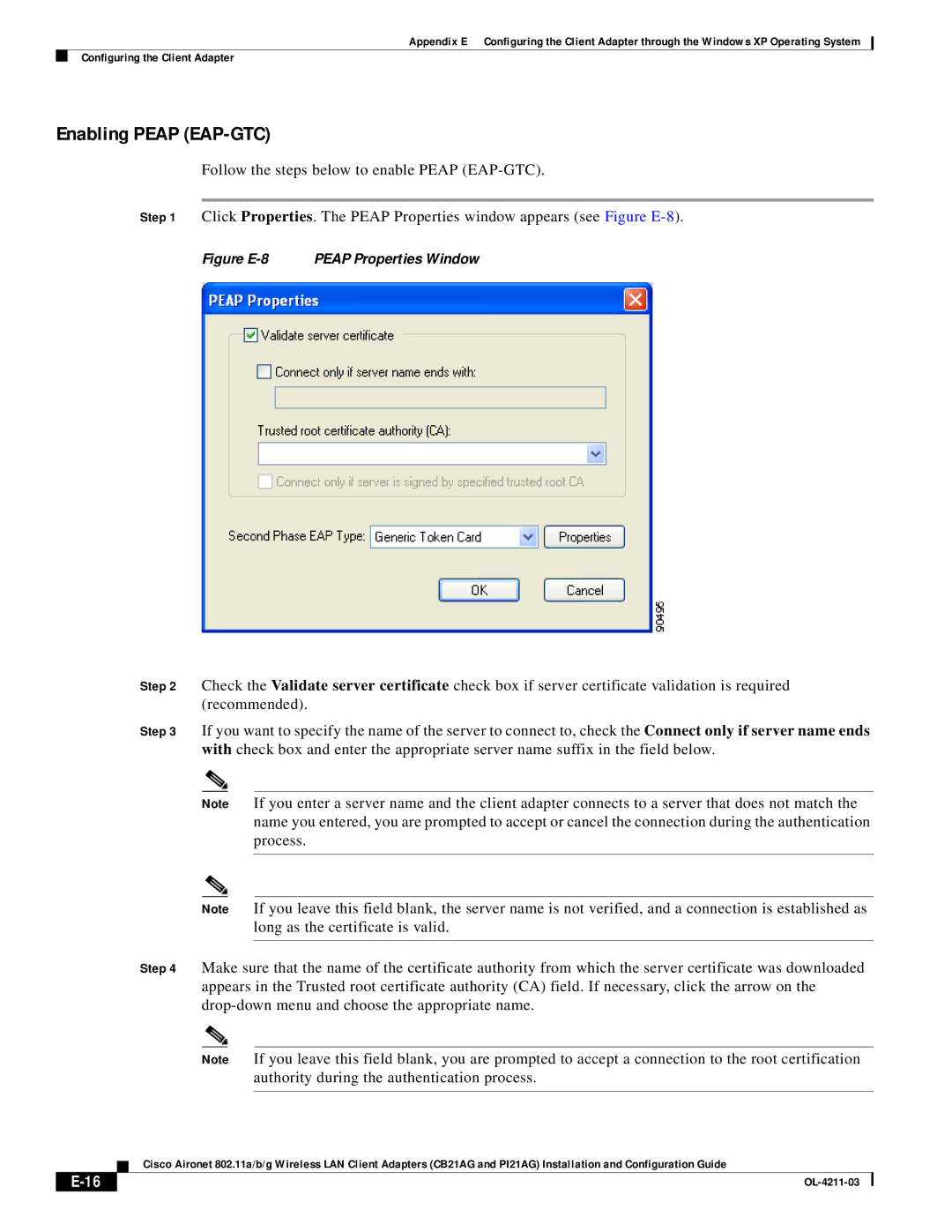 Cisco Systems CB21AG manual Figure E-8 Peap Properties Window 