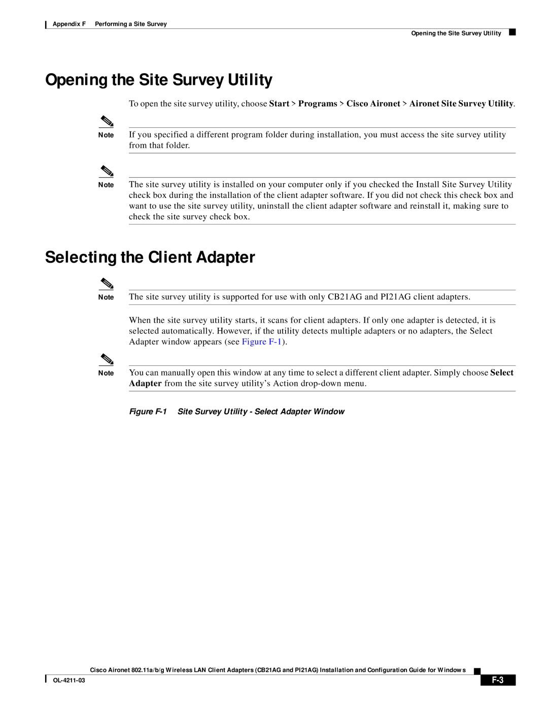 Cisco Systems CB21AG manual Opening the Site Survey Utility, Selecting the Client Adapter 