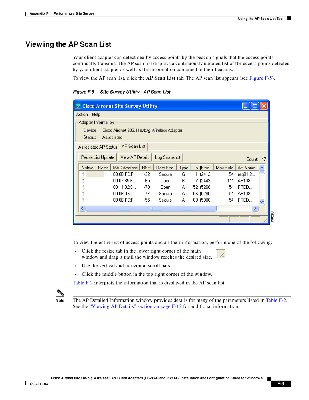 Cisco Systems CB21AG manual Viewing the AP Scan List, Figure F-5 Site Survey Utility AP Scan List 