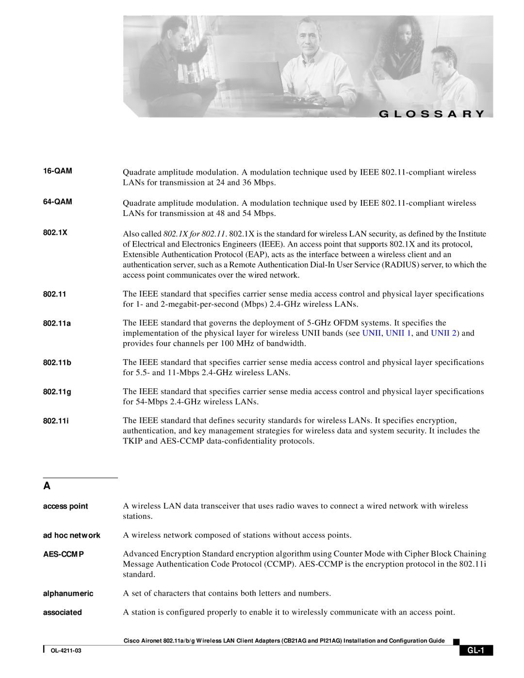 Cisco Systems CB21AG manual Stations, Wireless network composed of stations without access points, Standard, GL-1 