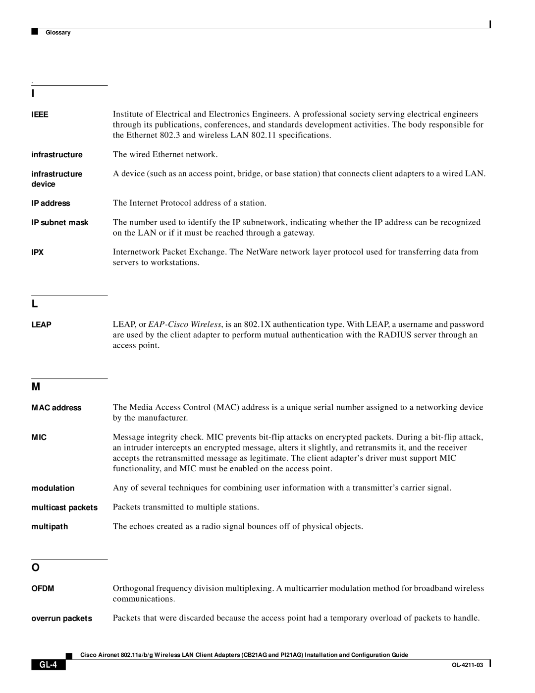 Cisco Systems CB21AG manual Ethernet 802.3 and wireless LAN 802.11 specifications, GL-4 