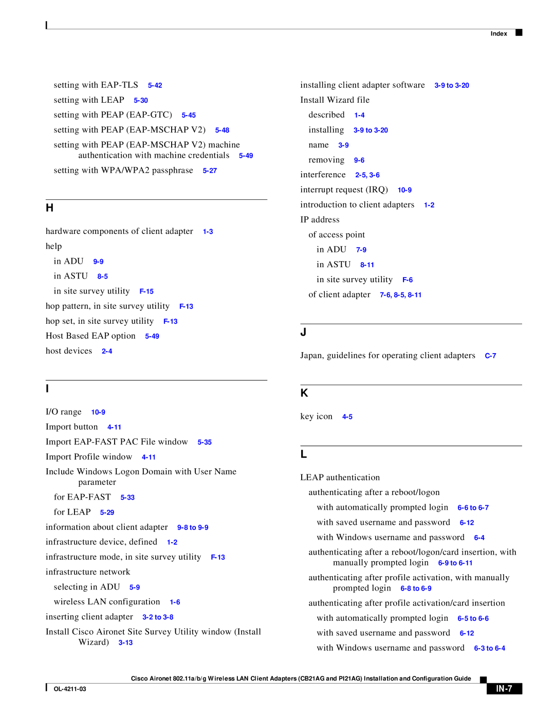 Cisco Systems CB21AG manual IN-7 