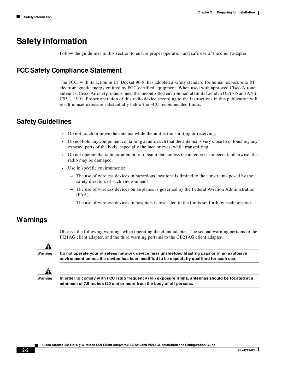 Cisco Systems CB21AG manual Safety information, FCC Safety Compliance Statement, Safety Guidelines 