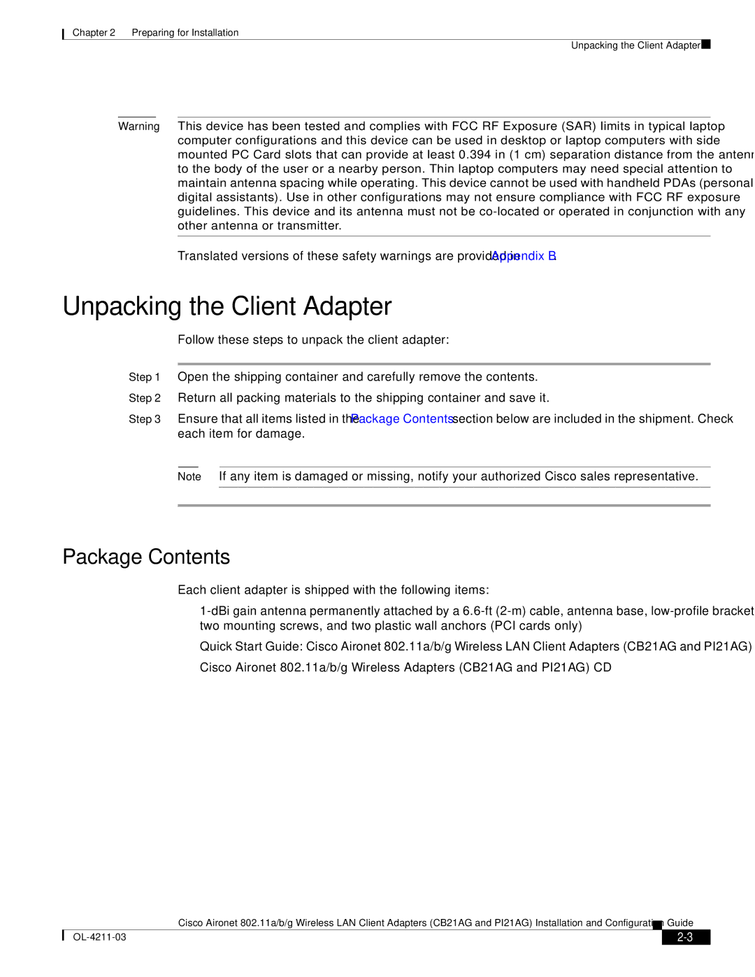 Cisco Systems CB21AG manual Unpacking the Client Adapter, Package Contents 