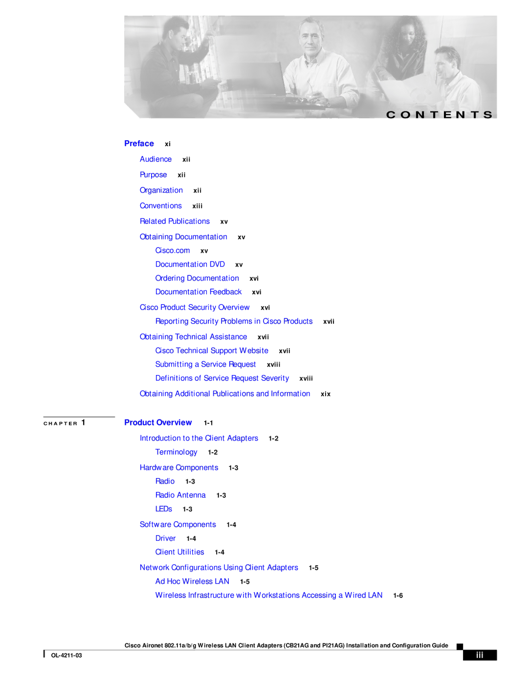 Cisco Systems CB21AG manual N T E N T S, Iii 