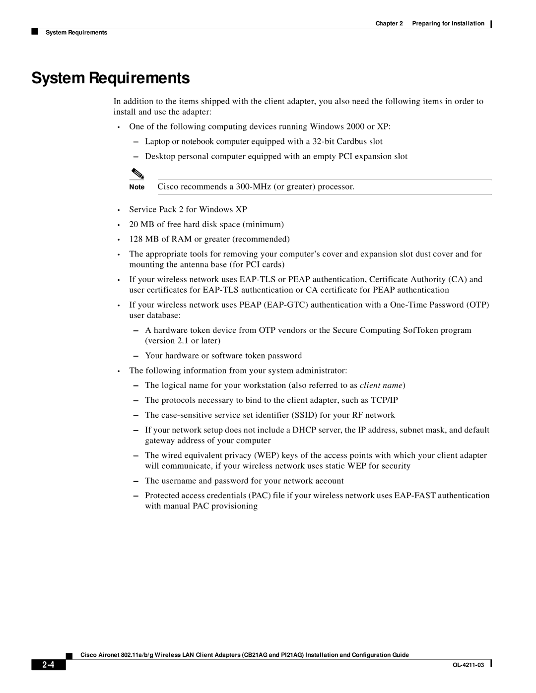 Cisco Systems CB21AG manual System Requirements 