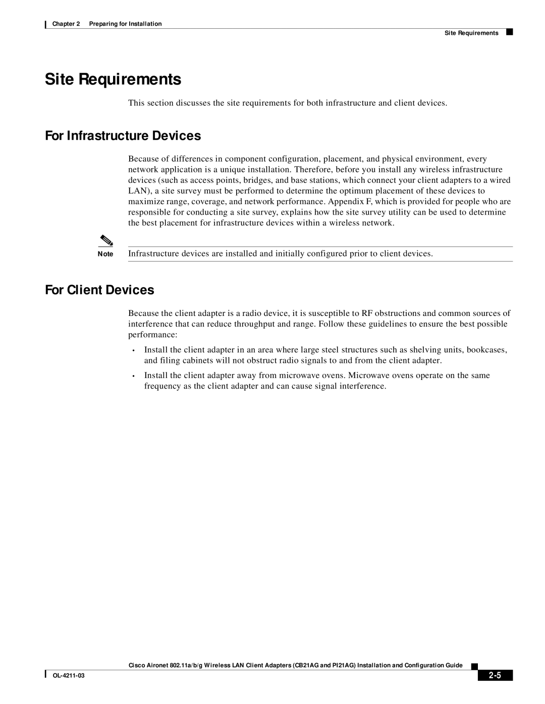 Cisco Systems CB21AG manual Site Requirements, For Infrastructure Devices, For Client Devices 