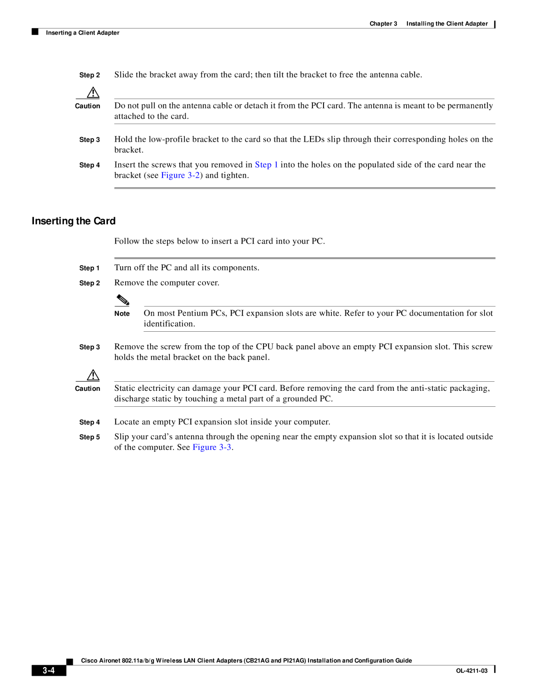 Cisco Systems CB21AG manual Inserting the Card 