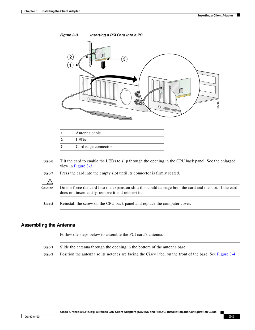 Cisco Systems CB21AG manual Assembling the Antenna, Inserting a PCI Card into a PC 