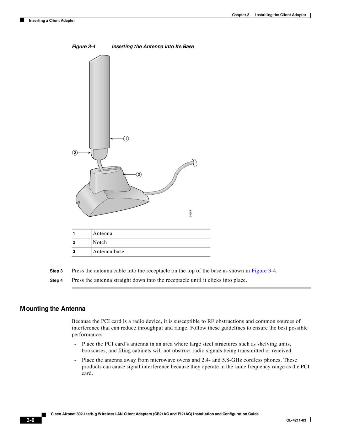 Cisco Systems CB21AG manual Mounting the Antenna, Inserting the Antenna into Its Base 