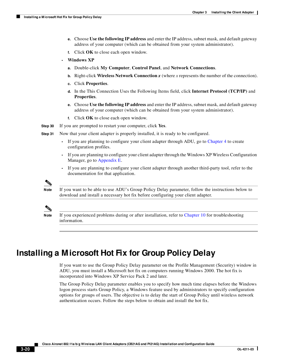 Cisco Systems CB21AG manual Installing a Microsoft Hot Fix for Group Policy Delay 