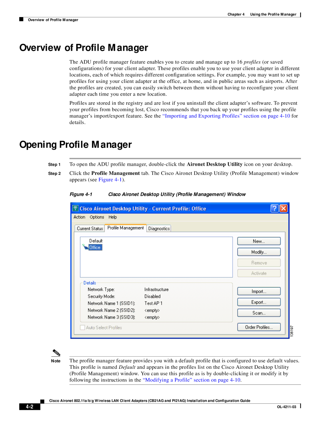 Cisco Systems CB21AG manual Overview of Profile Manager, Opening Profile Manager 