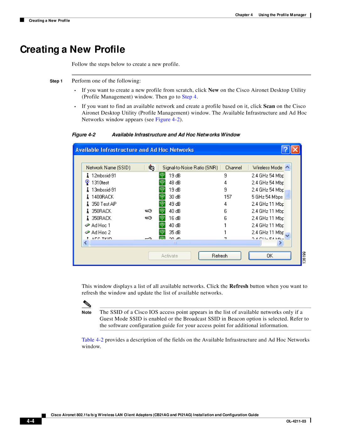 Cisco Systems CB21AG manual Creating a New Profile, Available Infrastructure and Ad Hoc Networks Window 