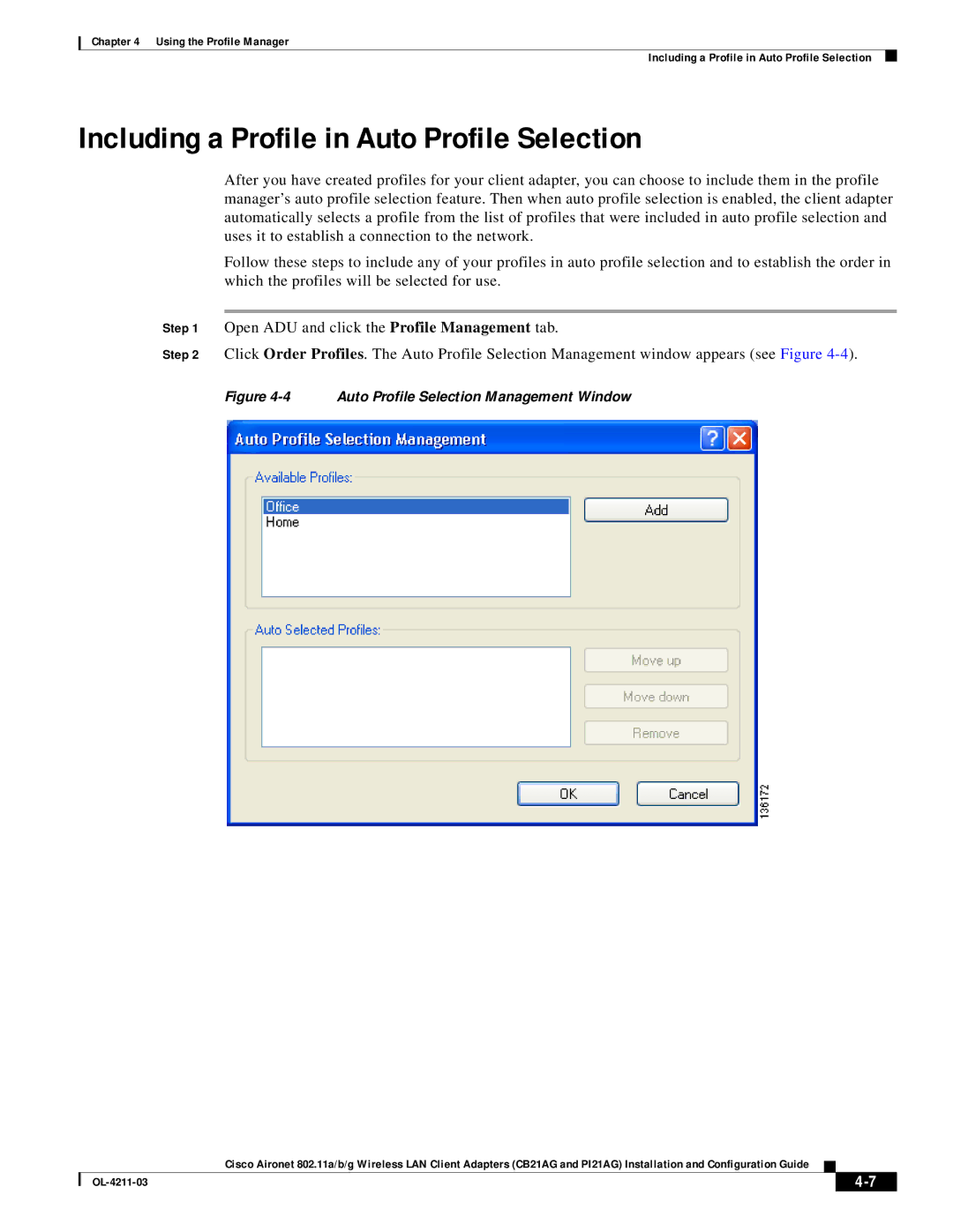 Cisco Systems CB21AG manual Including a Profile in Auto Profile Selection, Auto Profile Selection Management Window 