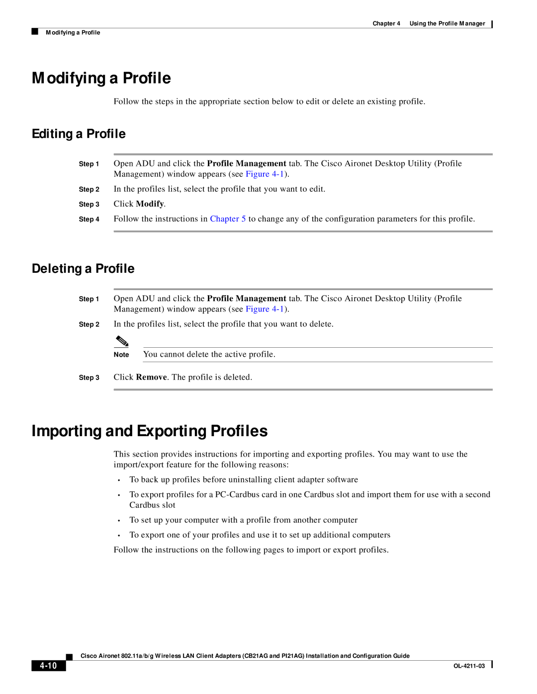 Cisco Systems CB21AG manual Modifying a Profile, Importing and Exporting Profiles, Editing a Profile, Deleting a Profile 