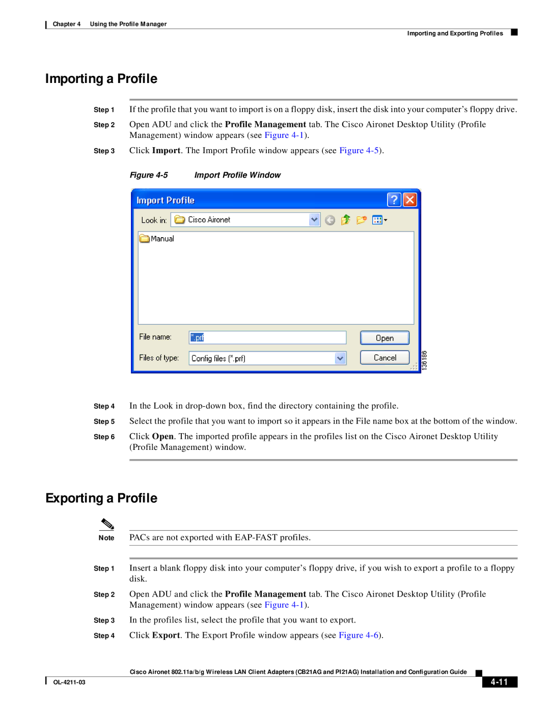 Cisco Systems CB21AG manual Importing a Profile, Exporting a Profile 