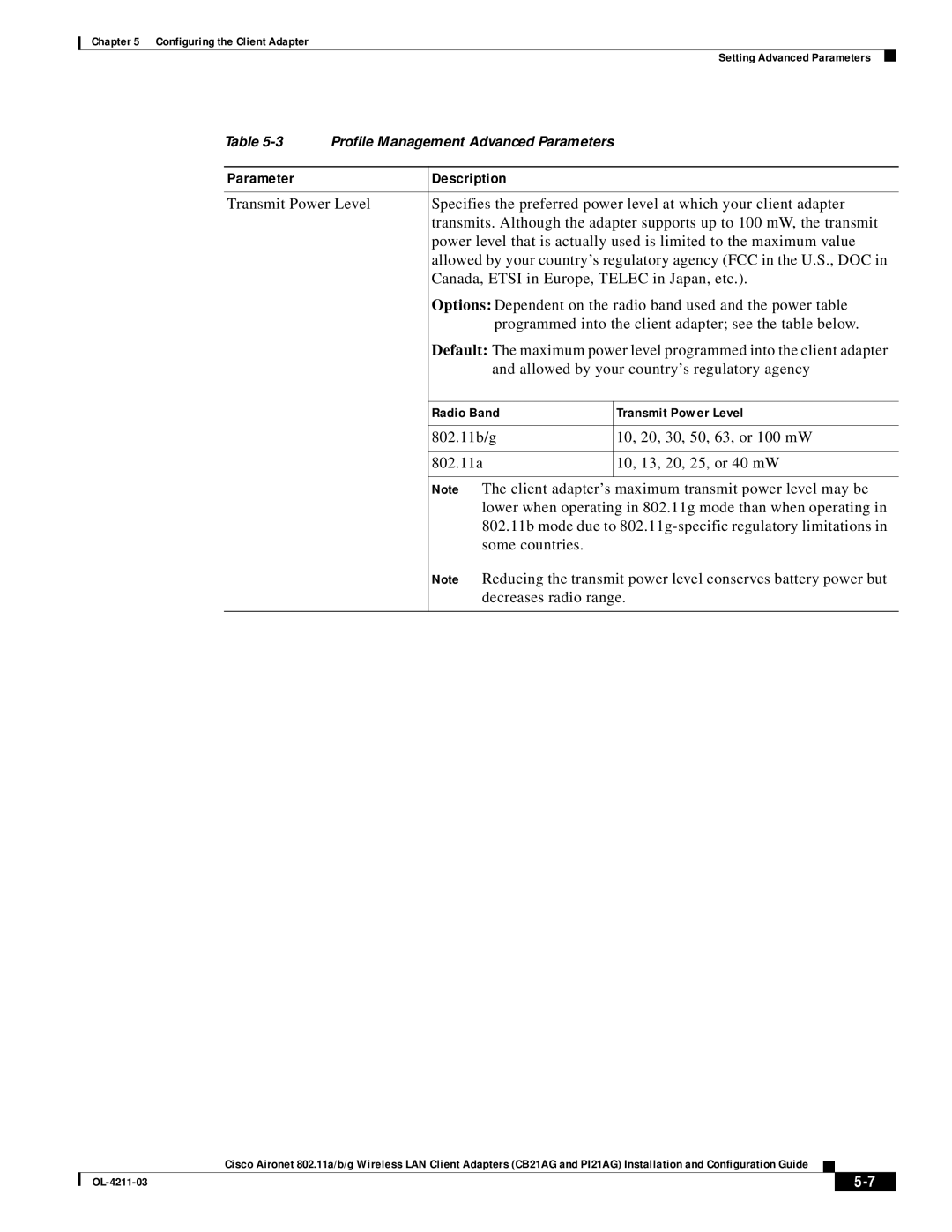 Cisco Systems CB21AG manual Radio Band Transmit Power Level 